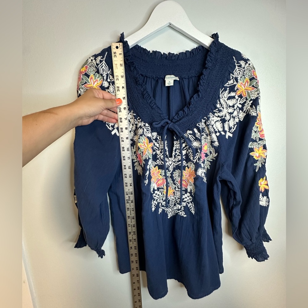 Sundance Cotton Embroidered Peasant Boho Floral Navy Boho Blouse Top Sz  Medium - Picture 16 of 17
